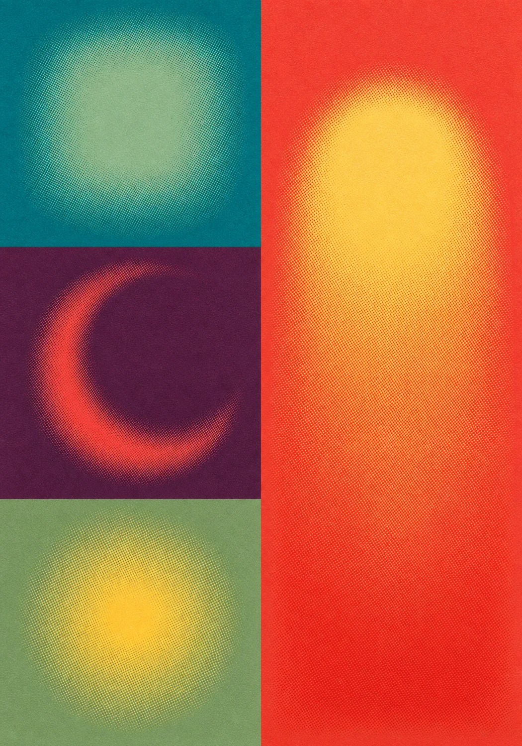 A retro risograph-style poster split into color-blocked panels, each containing a soft glowing celestial form rendered in halftone gradients.
