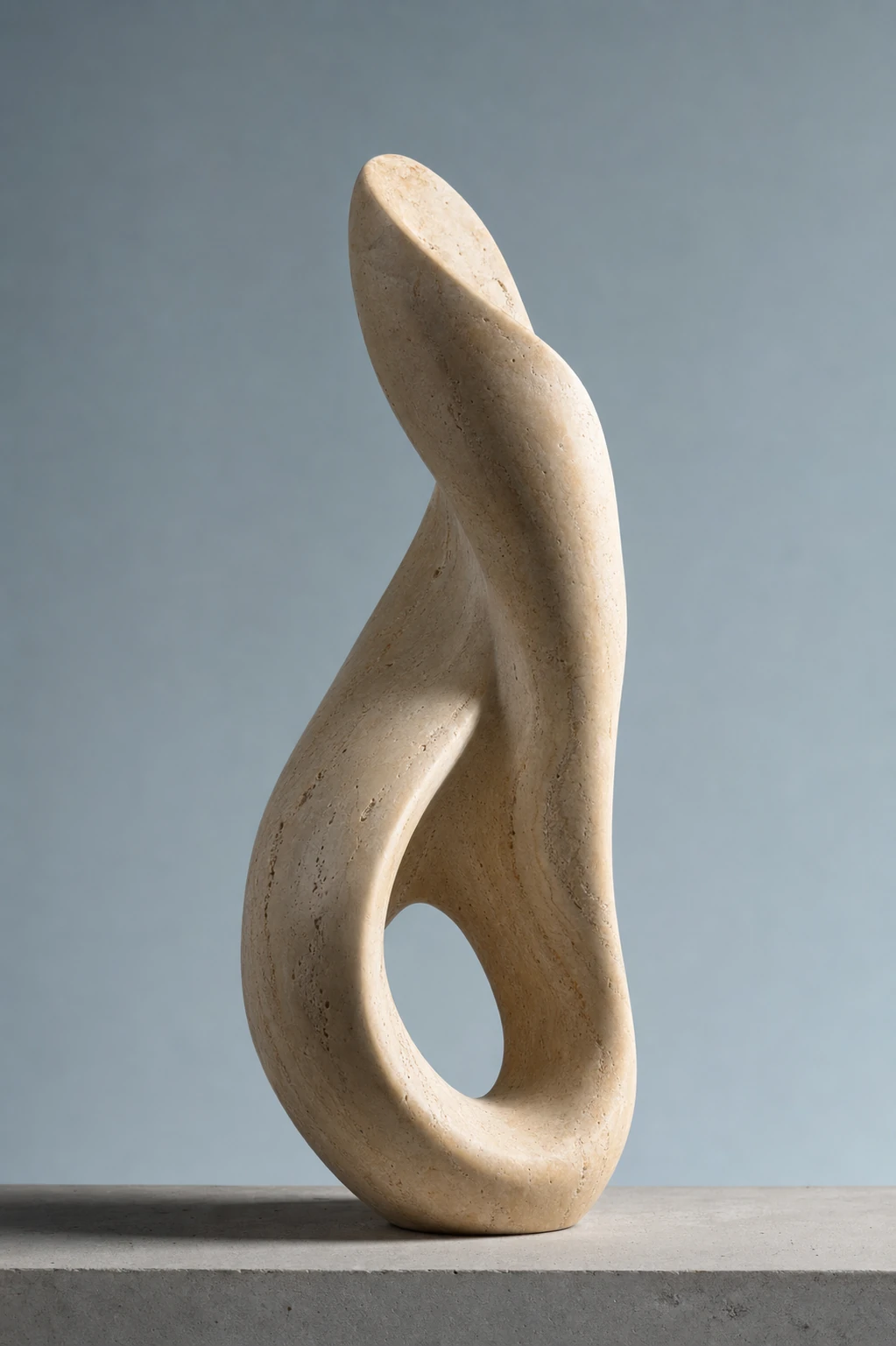 A studio photograph of an abstract biomorphic stone sculpture standing on a concrete plinth against a soft gray backdrop.