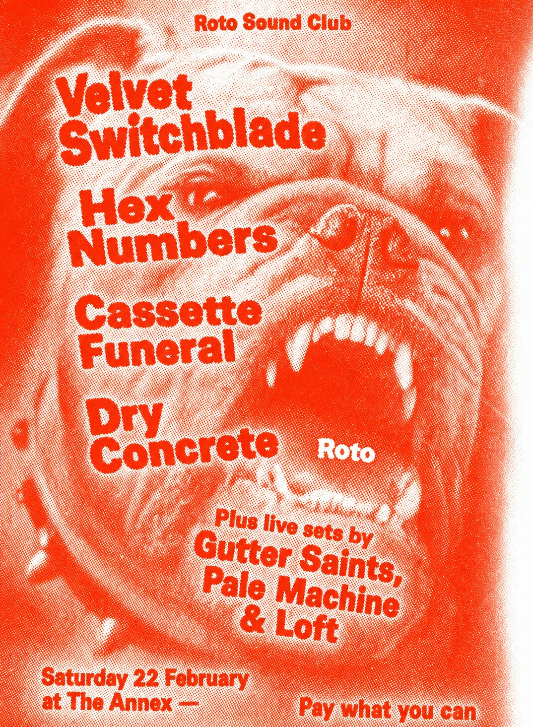 A punk gig poster featuring a snarling dog rendered in high-contrast halftone with bold orange duotone and stacked band-name typography.