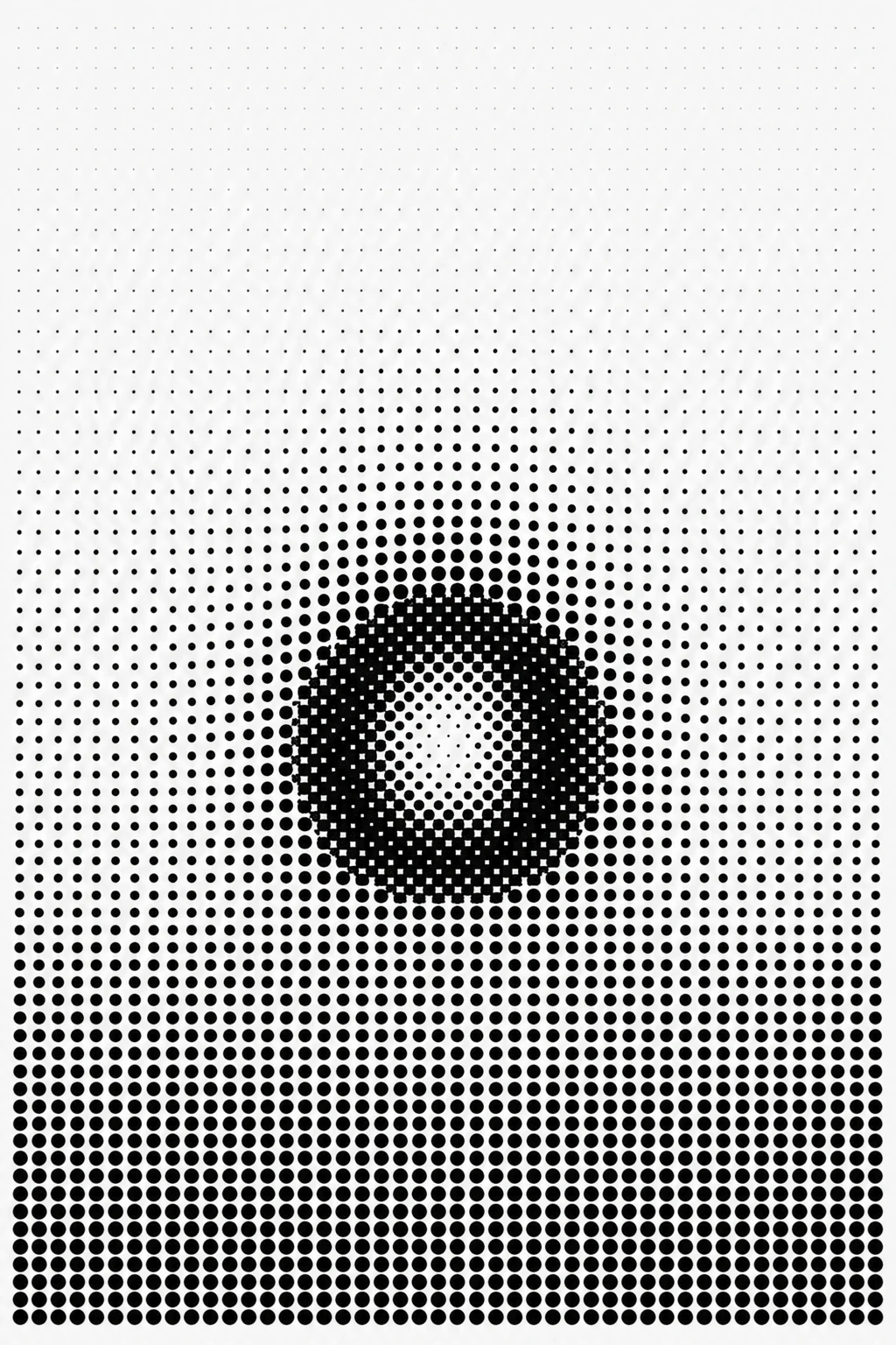 A monochrome halftone dot-grid composition where dot size gradients form a glowing spherical orb floating over a darkening field.