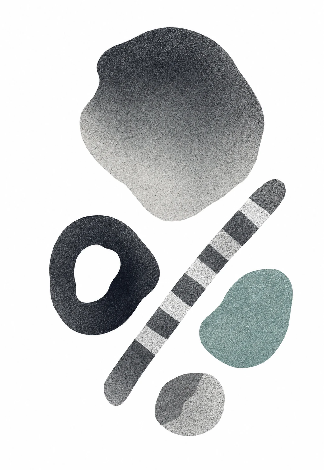 A minimalist arrangement of abstract pebble-like organic shapes with grainy textures floating on a clean white background.