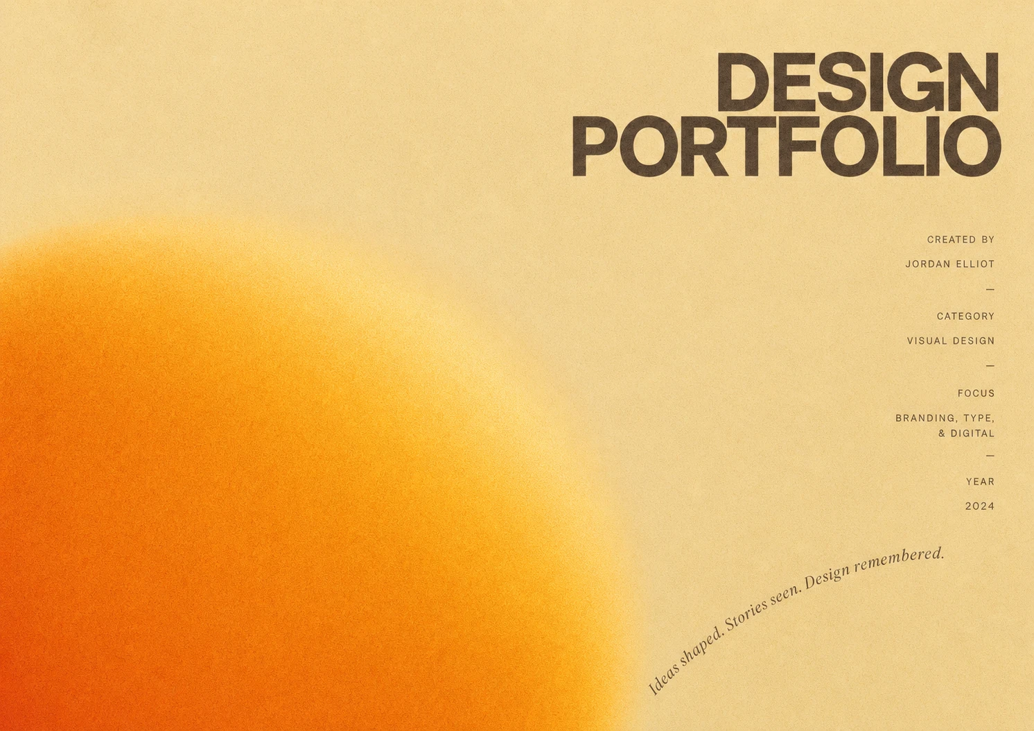 A minimalist design-portfolio cover with a bold uppercase title and a soft orange radial gradient glowing in one corner against a warm cream backdrop.