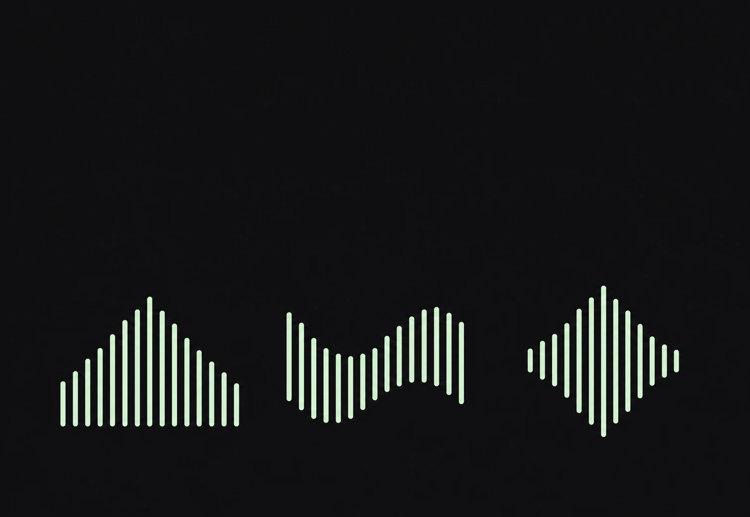 Three minimalist audio-waveform glyphs made of mint-green vertical bars on a near-black background, each forming a distinct silhouette.