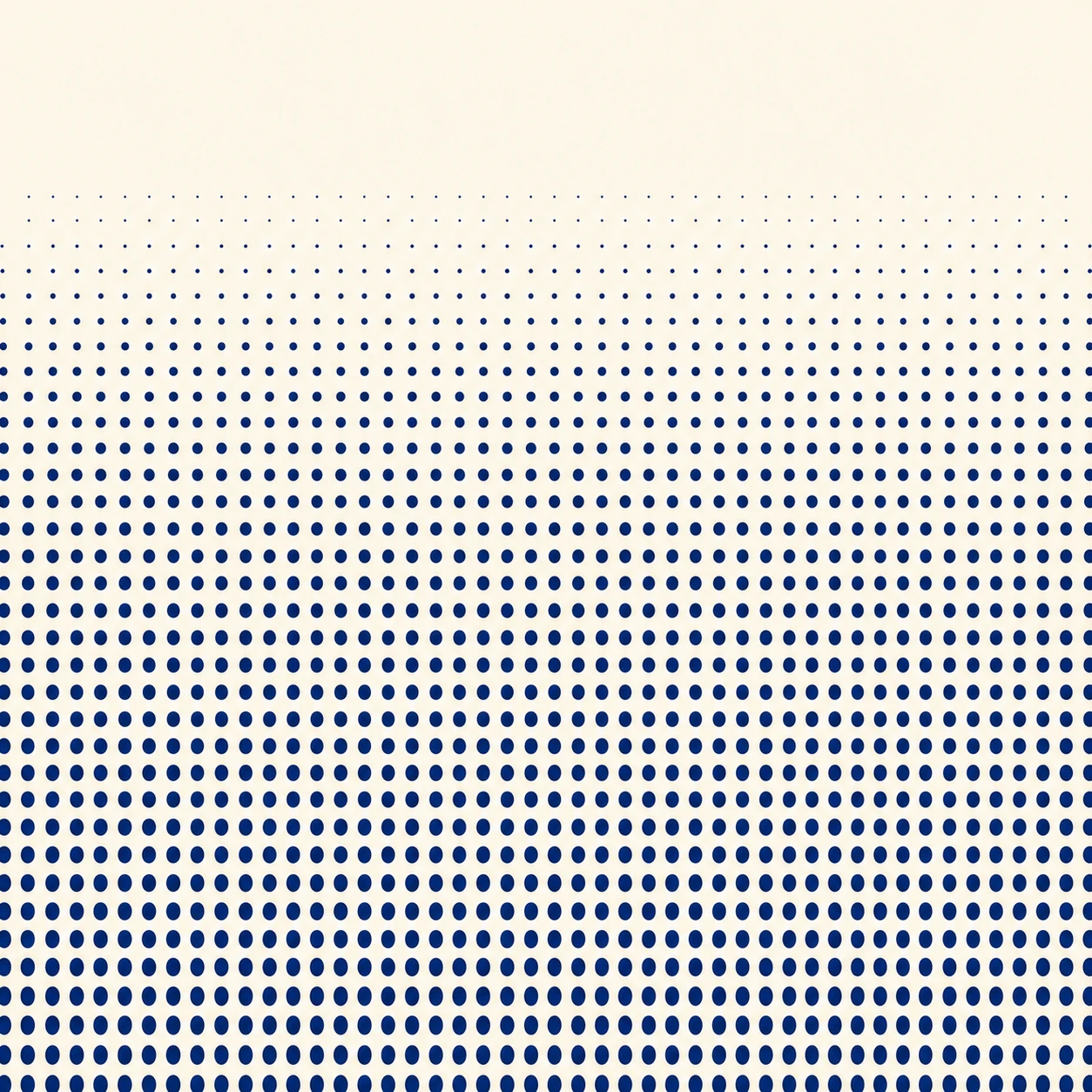 A minimalist halftone gradient of navy dots that grow from tiny specks at the top to large dots at the bottom over a warm cream field.