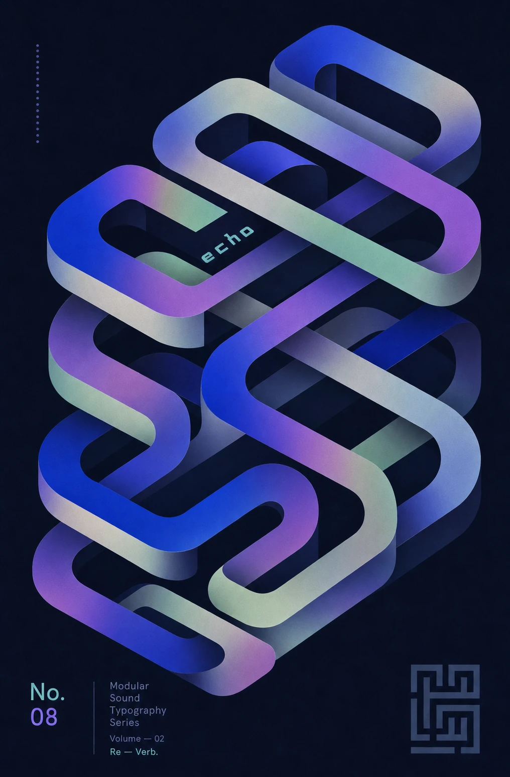 An abstract poster featuring interwoven, ribbon-like 3D isometric tubes in iridescent gradients against a deep navy background.