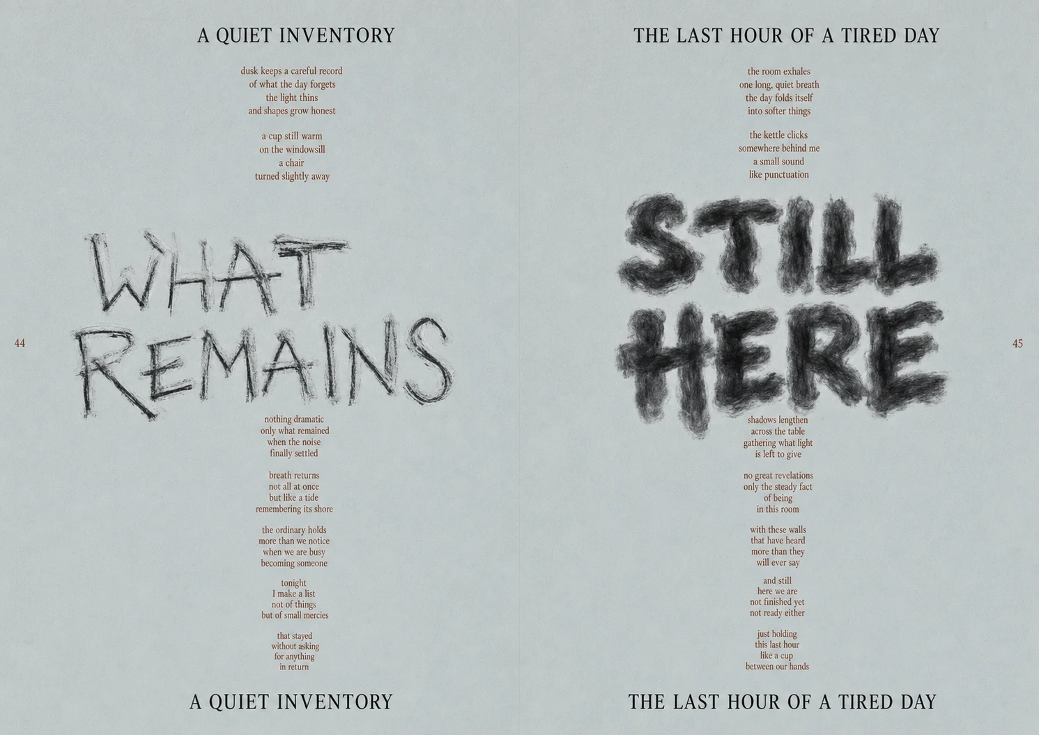 A two-page editorial poetry spread pairing centered serif headers and stanzas with large hand-drawn charcoal hero lettering.