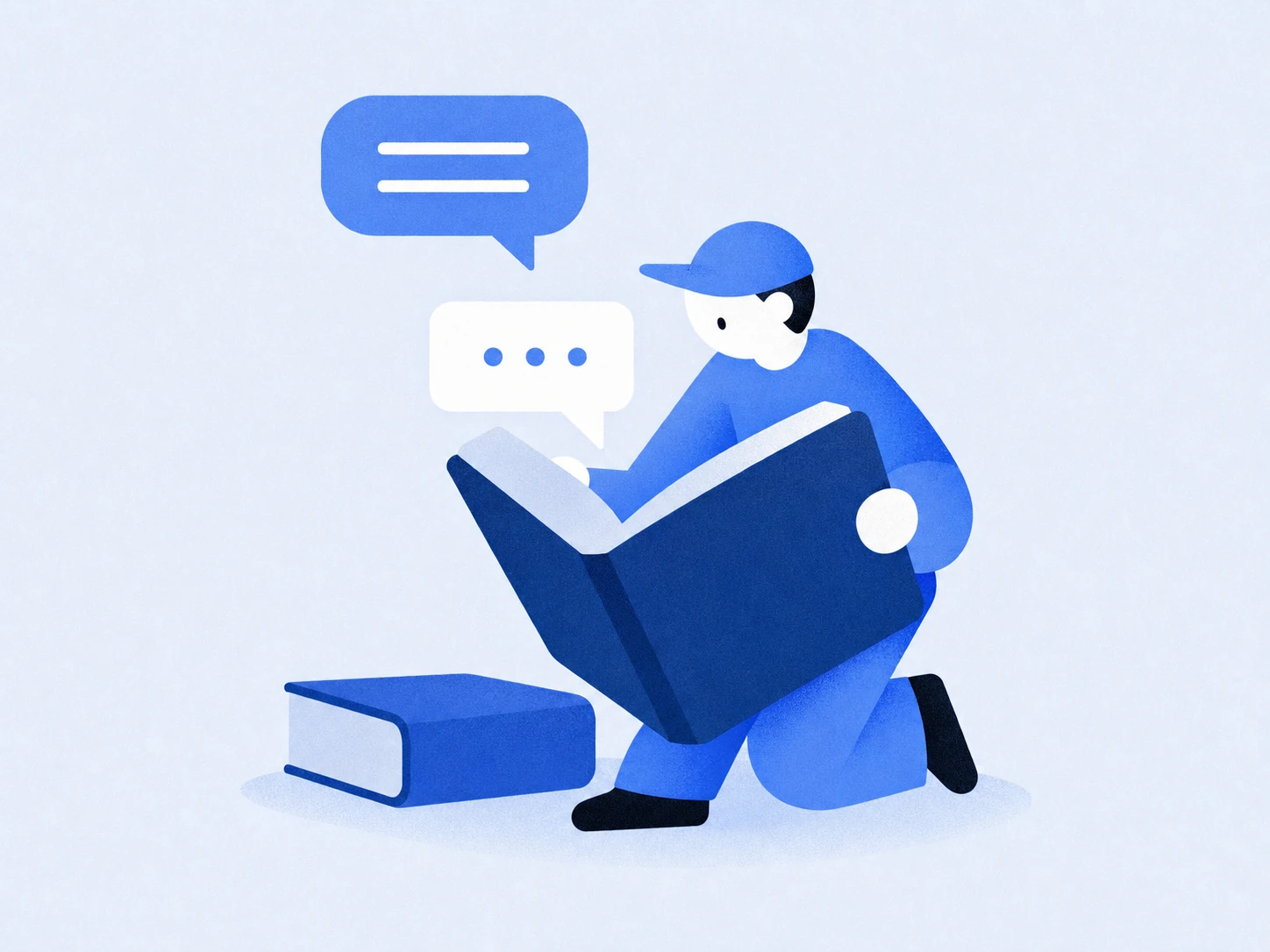 A flat illustration of a kneeling person reading a large open book with chat speech bubbles floating nearby, rendered in a monochrome blue palette.