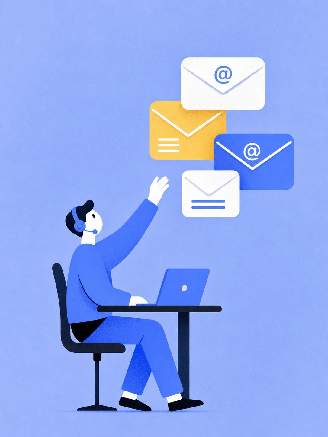 A flat vector illustration of a person at a laptop reaching toward floating email envelopes representing digital communication.