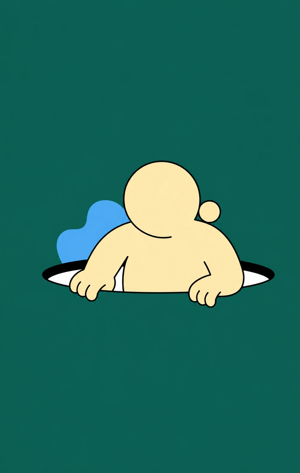 A minimalist cartoon of a faceless rounded figure climbing out of a hole against a flat green field.