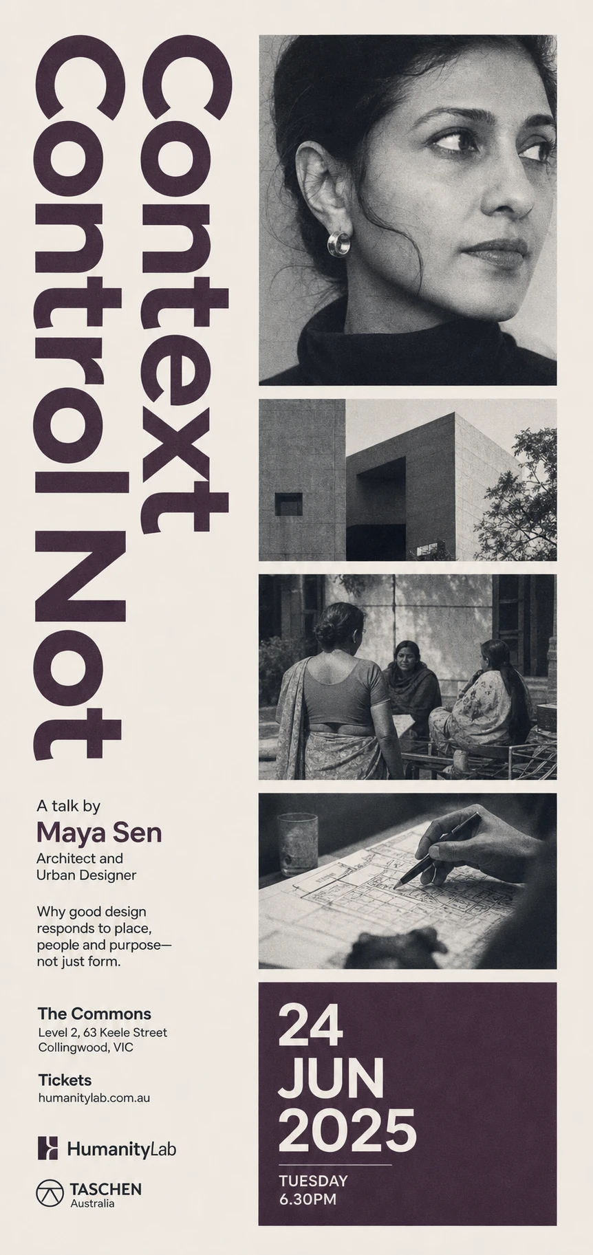 A vertical event poster for an architecture talk, pairing large rotated serif/sans display lettering with a stacked column of duotone black-and-white photograph