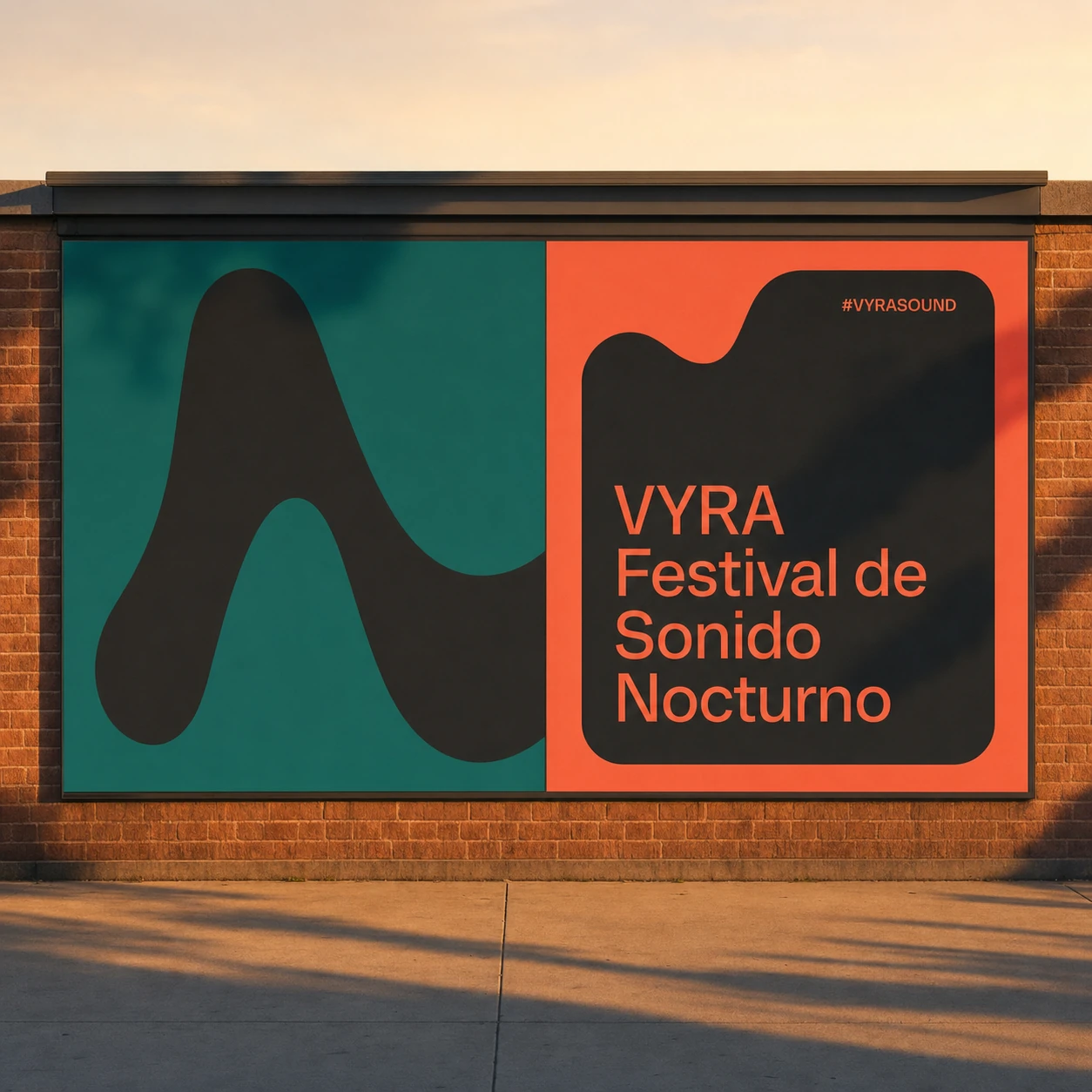A bold two-panel festival billboard mounted on a brick wall, featuring an organic wave shape and clean sans-serif event typography.