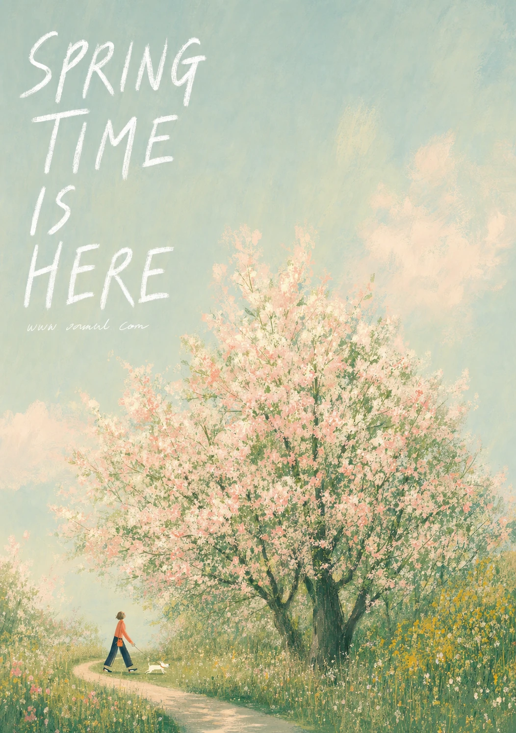 A serene springtime poster of a blossoming tree over a winding path with a small figure walking a dog, topped with hand-lettered headline text.