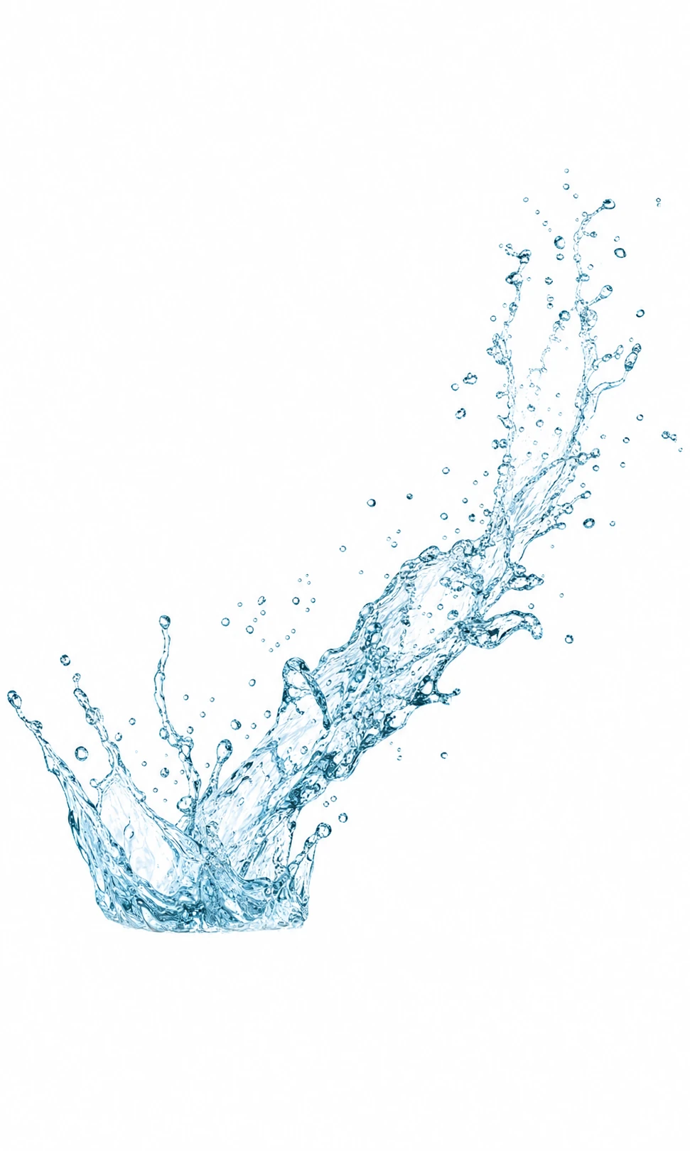 A dynamic frozen splash of clear blue water arcing diagonally across a clean white background, scattered with airborne droplets.