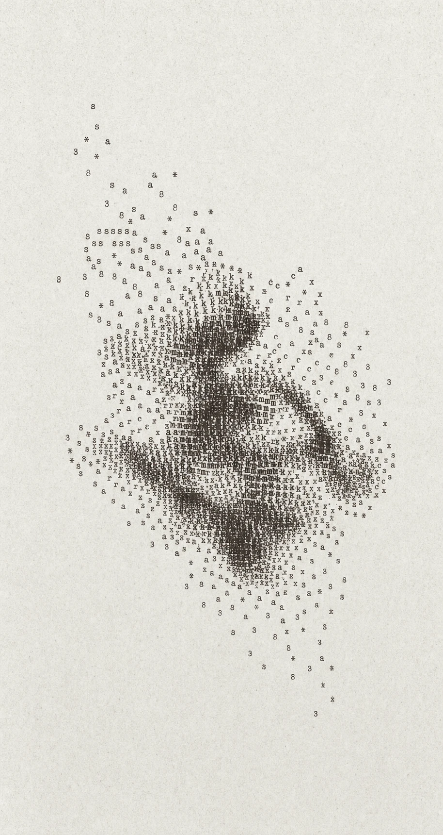A typewriter-art portrait formed entirely from densely clustered typed letters and symbols on aged paper.