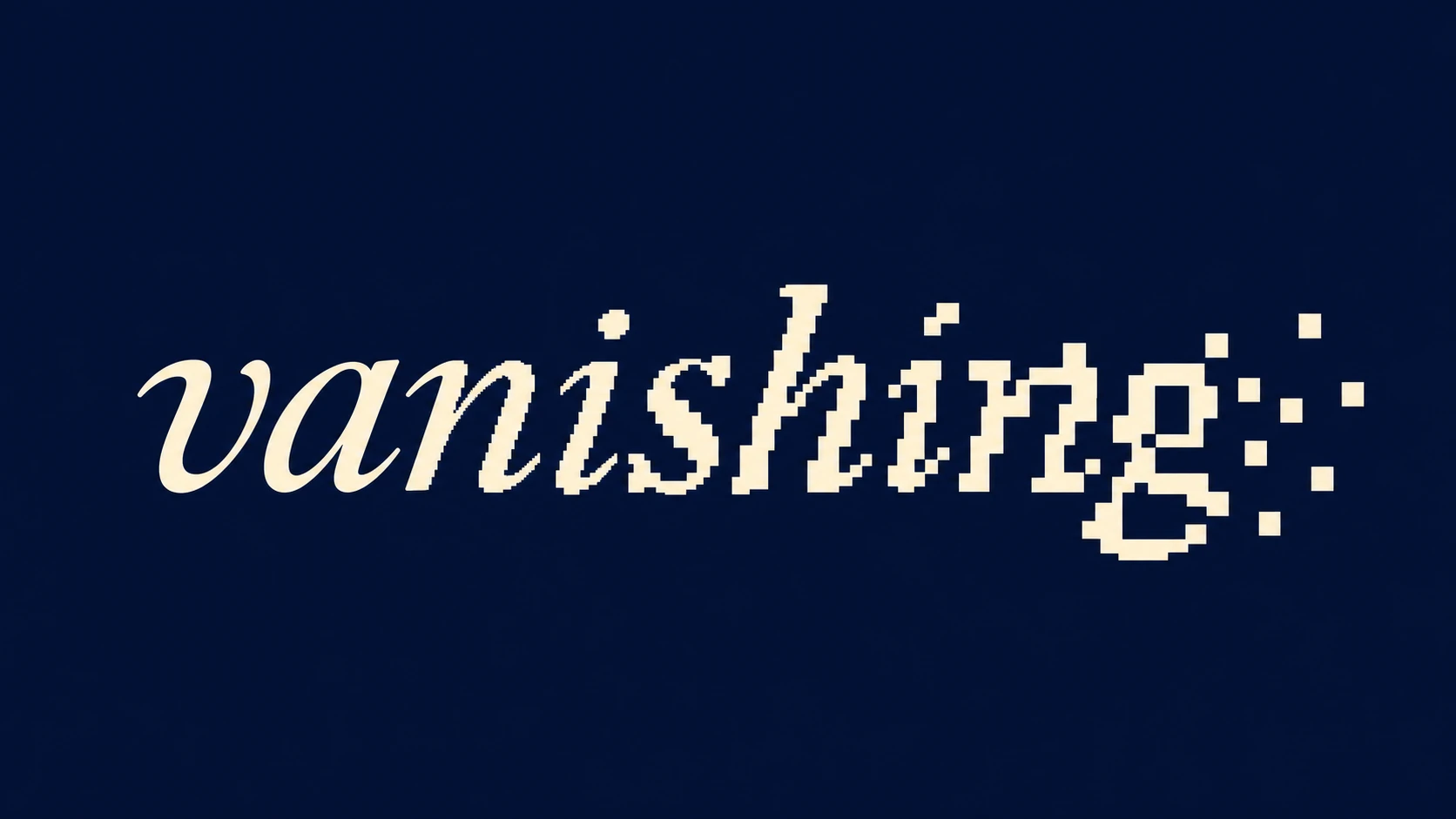 A single lowercase word rendered in cream italic serif type that progressively disintegrates into pixels against a deep navy background.
