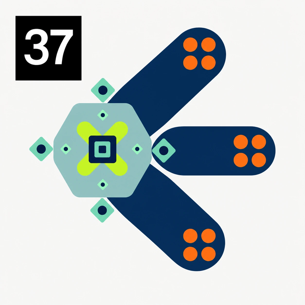 A flat geometric illustration of a stylized central hub radiating three rounded arms tipped with dot clusters, paired with a numbered corner badge.