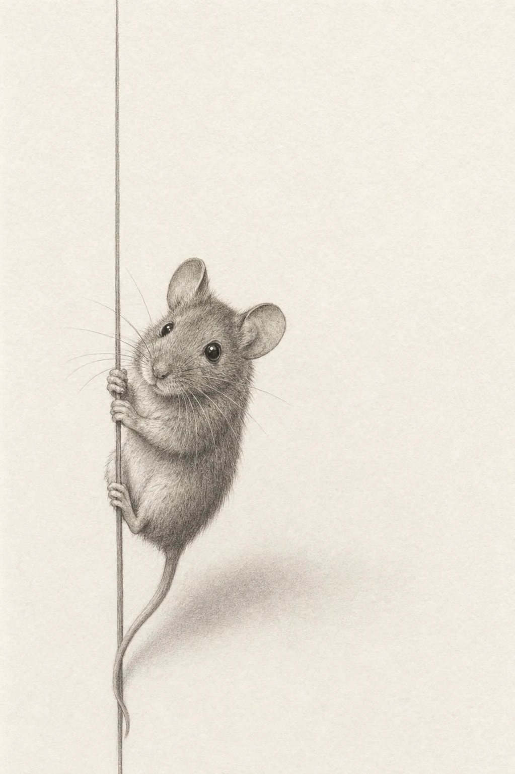 A delicate graphite drawing of a small mouse clinging to a thin vertical line on a warm cream paper background.