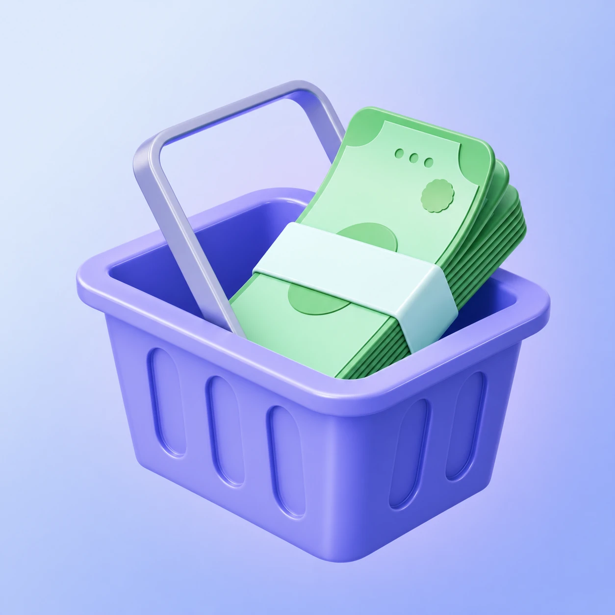 A glossy 3D-rendered shopping basket holding a banded stack of green cash, styled as a playful e-commerce/finance icon.