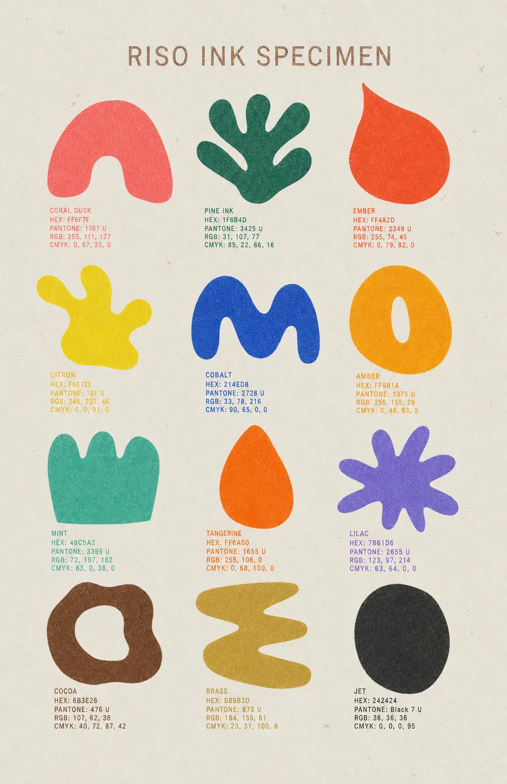 A risograph-style ink specimen poster displaying twelve organic abstract blobs arranged in a grid, each labeled with its color name and printing specs.