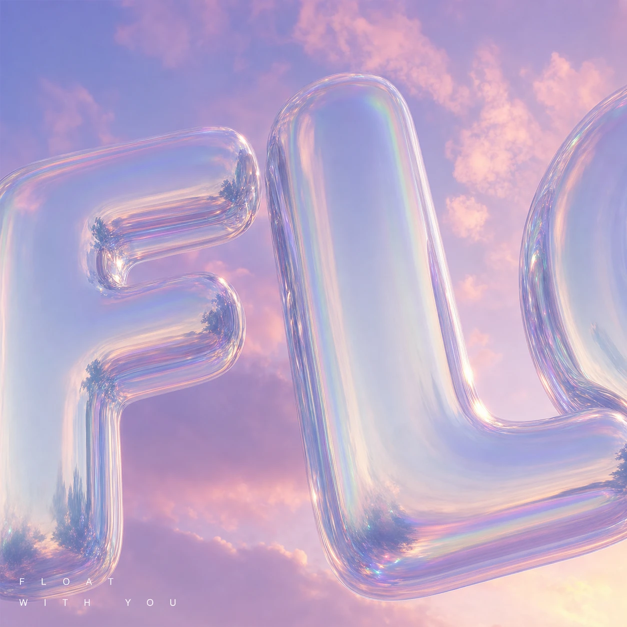 Glossy inflated chrome balloon letters with iridescent reflections floating against a dreamy pastel sunset sky.