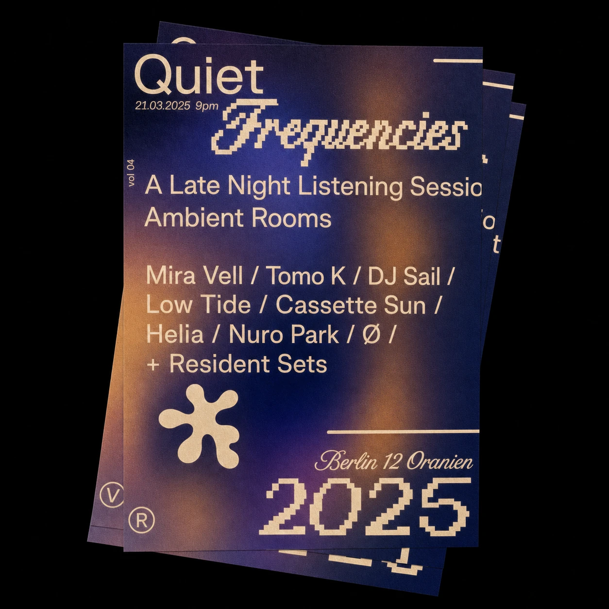 A stacked pair of event posters with a glowing blue-to-amber gradient and mixed retro-pixel and modern typography promoting a late-night ambient listening sessi