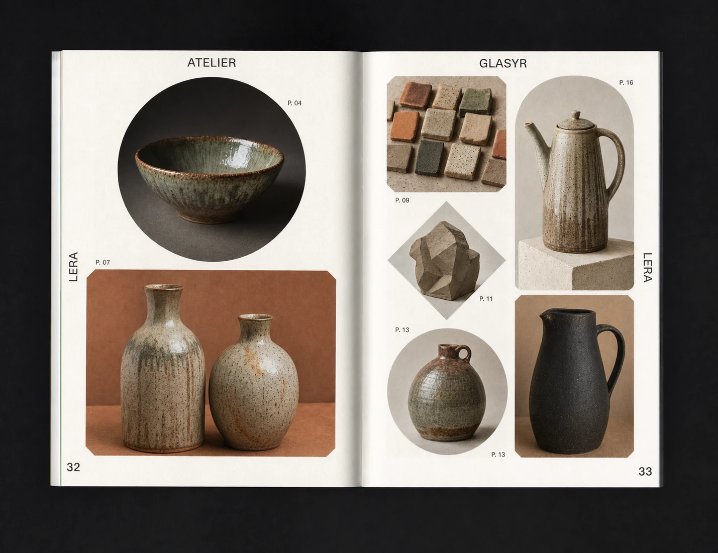 An open editorial catalog spread showcasing handmade stoneware ceramics through varied photo frames on a cream paper layout.