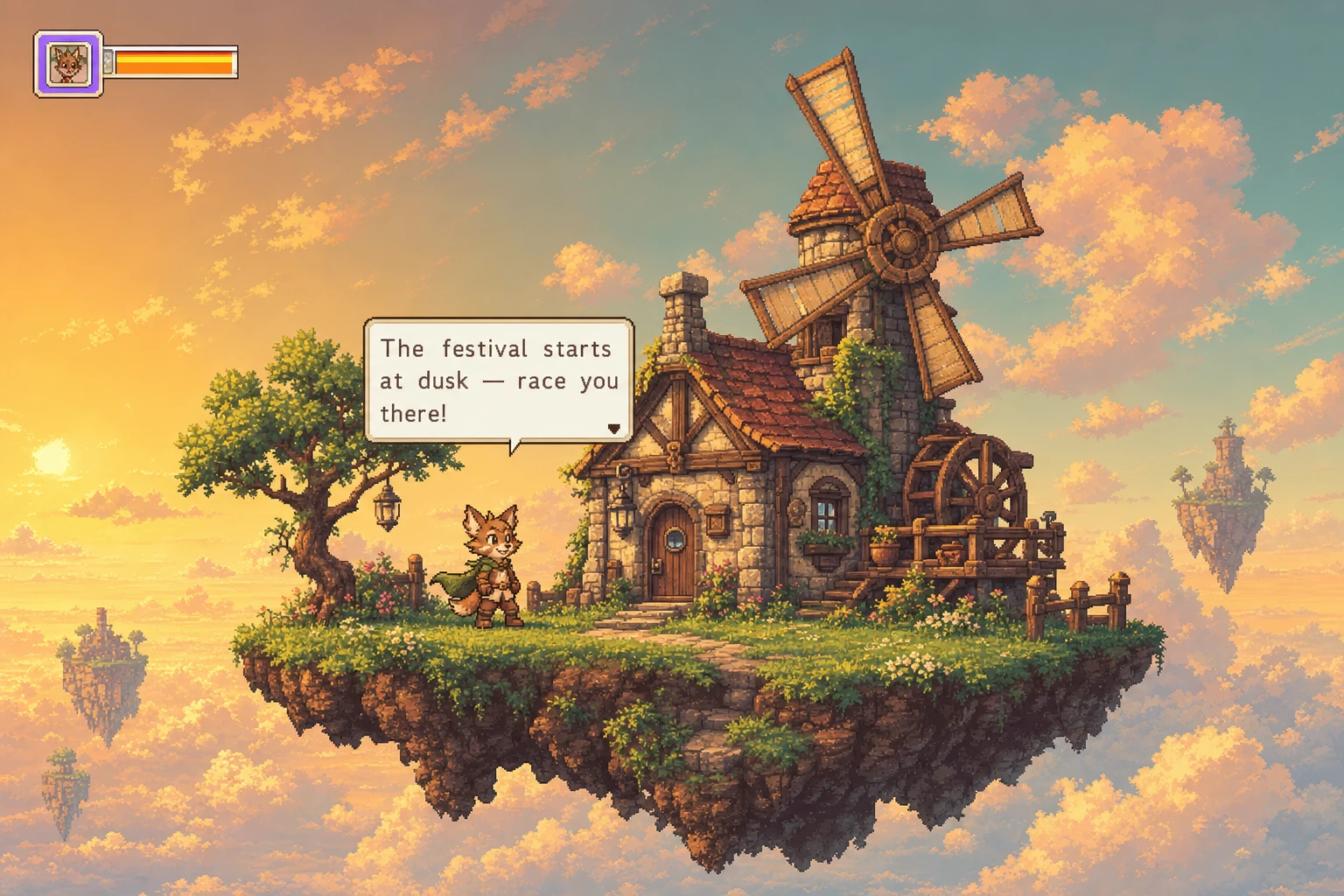A pixel-art RPG game scene showing a floating island village with a windmill cottage, an anthropomorphic animal hero, and a dialogue box at golden-hour sunset.