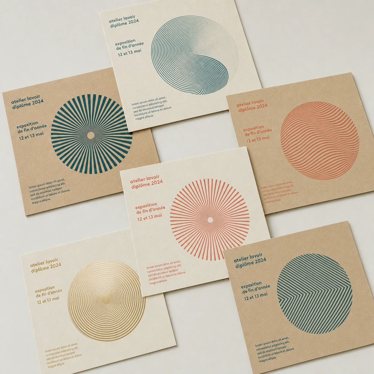 A flat-lay set of square art-exhibition cards, each featuring a single geometric line-art circular motif on textured paper with minimal typeset event text.
