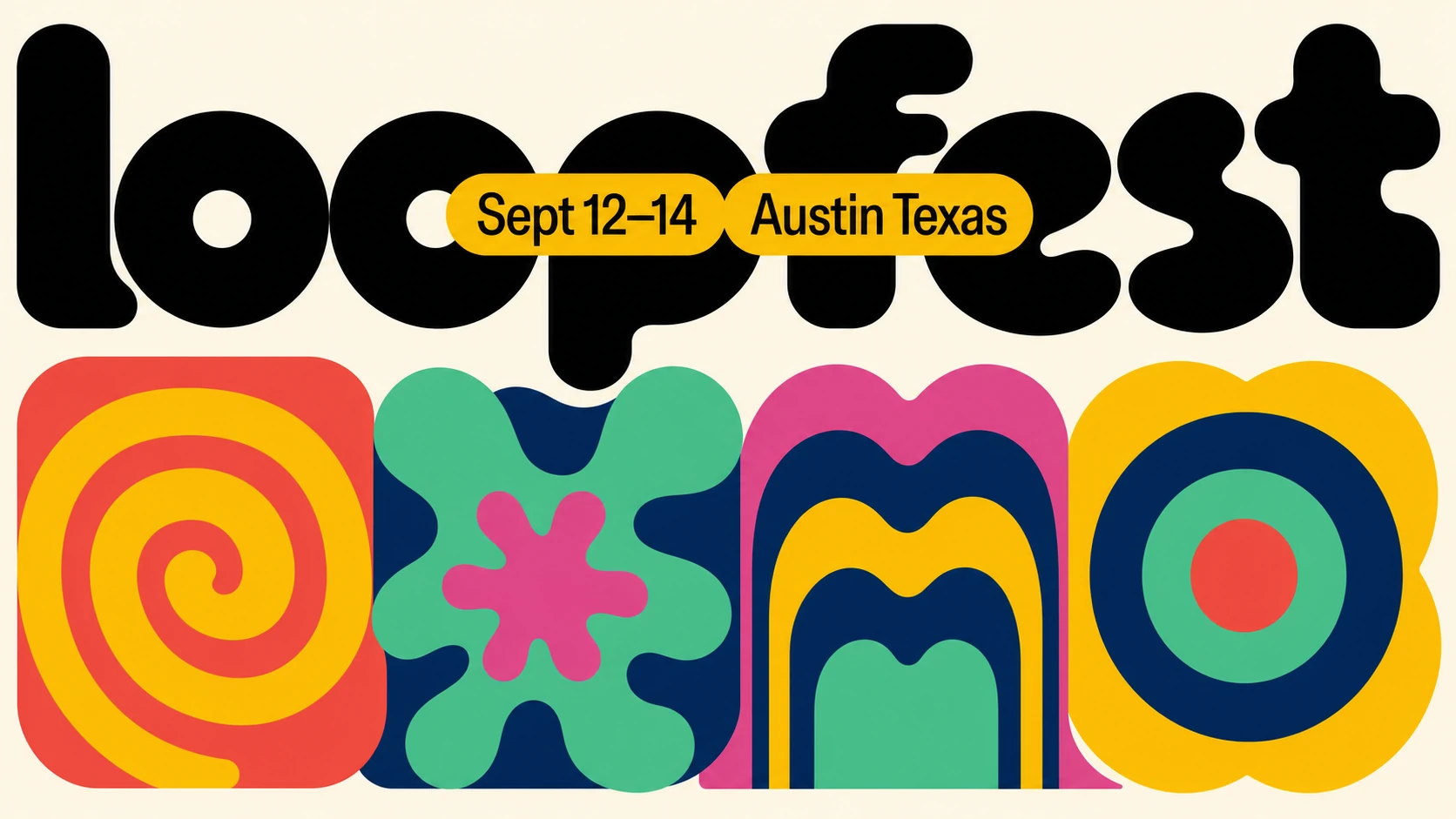 A retro-modern festival key visual pairing a bold lowercase wordmark with a row of colorful abstract geometric tiles.