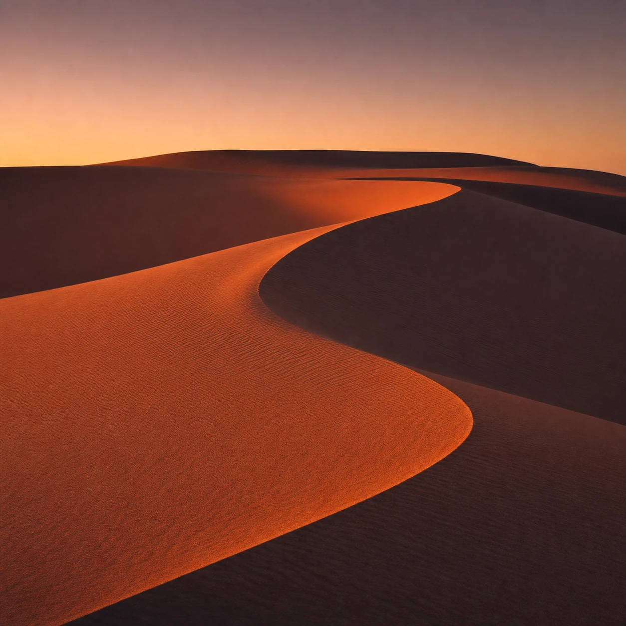 A minimalist desert landscape of sculpted sand dunes glowing at twilight with a sinuous ridge dividing light and shadow.