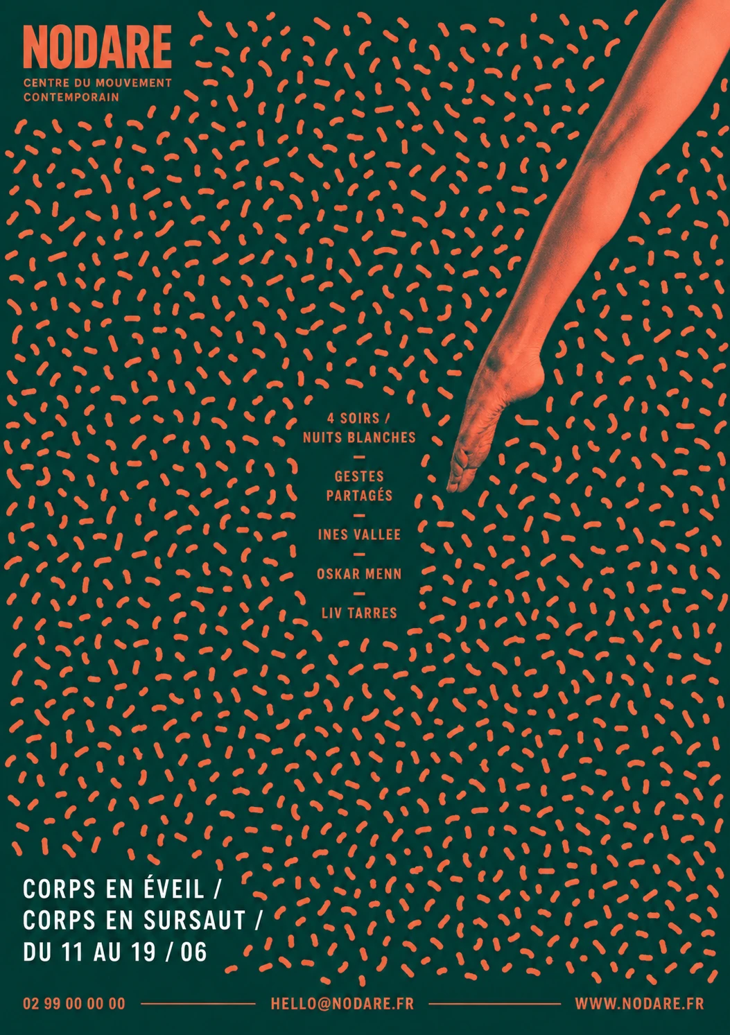 A contemporary dance/performance event poster pairing a duotone-orange human arm reaching down into a dark green field scattered with confetti-like orange dashe