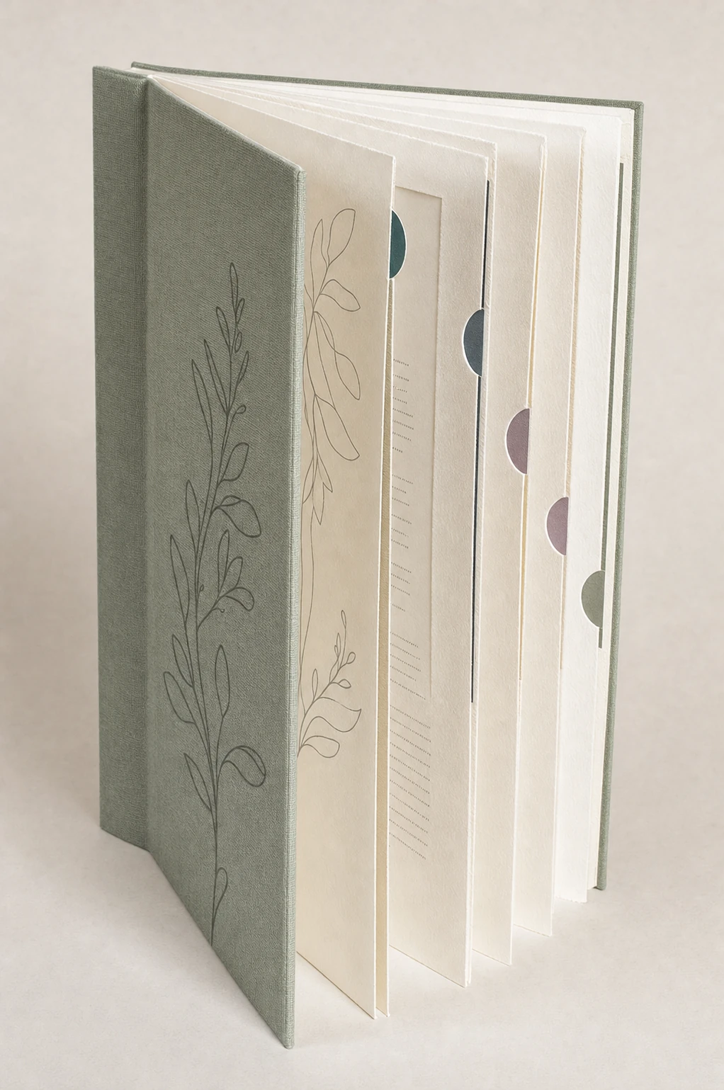 A handcrafted hardcover book standing open and fanned out, showing a sage-green linen cover with a delicate botanical line drawing and cream pages marked by col