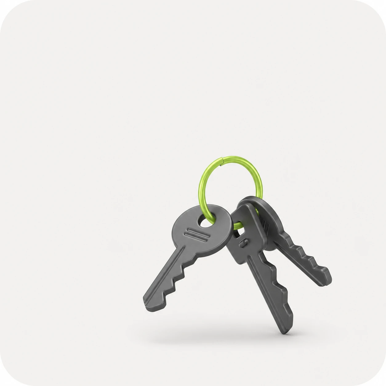 A clean 3D-rendered icon of a set of gray house keys hanging from a bright green keyring, centered on a soft off-white background.