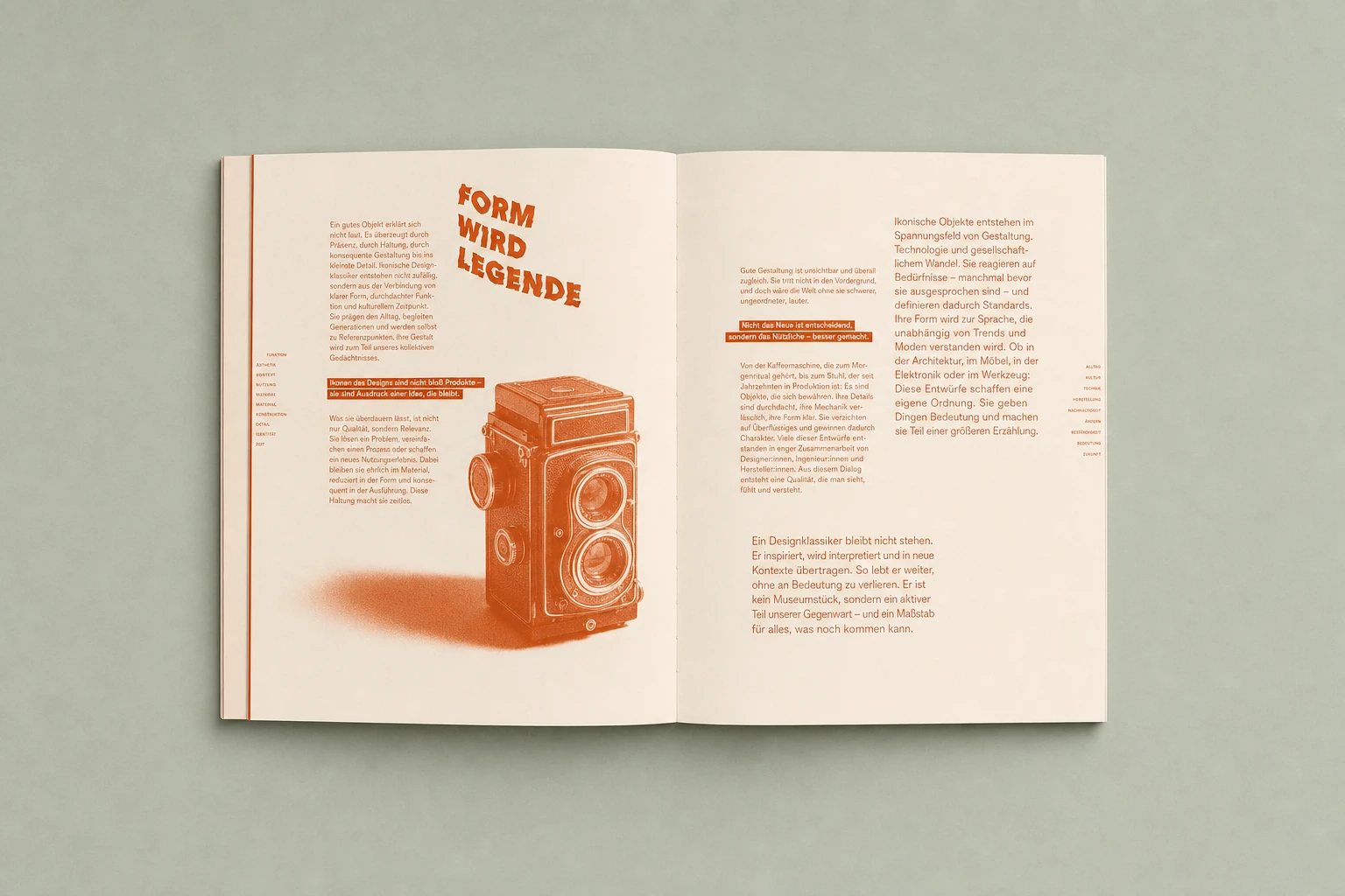 An open editorial book spread with a duotone halftone vintage camera illustration and a bold display headline, shot flat on a muted sage surface.