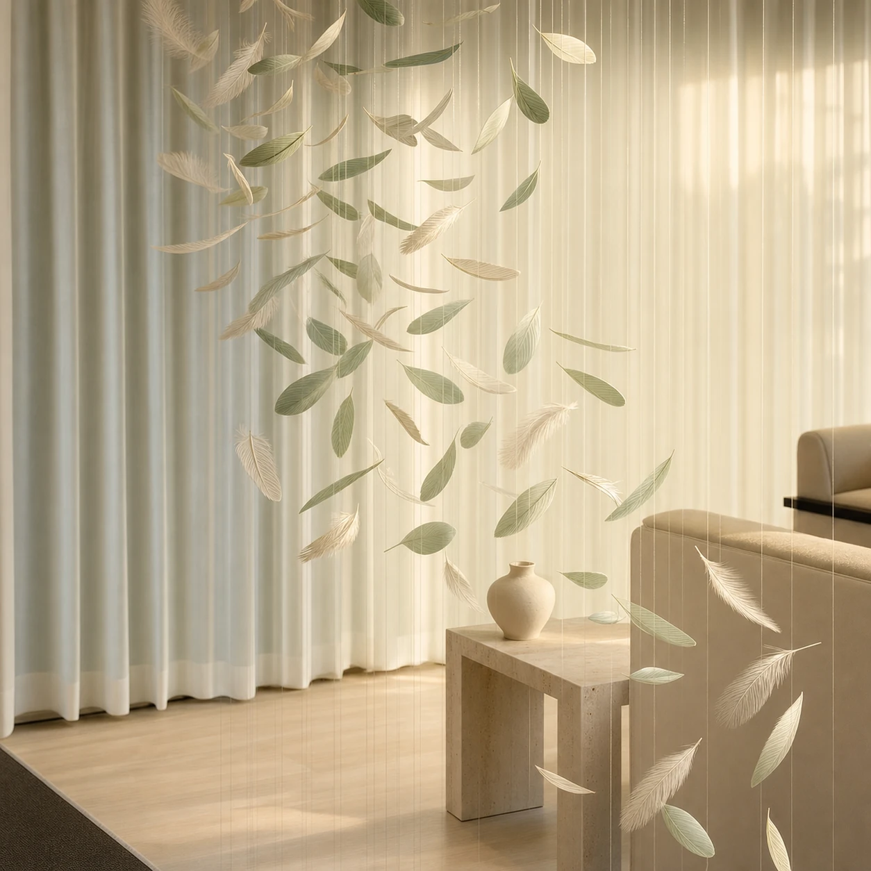 A serene, sunlit interior scene with delicate paper leaves and feathers suspended on near-invisible threads in front of sheer curtains.