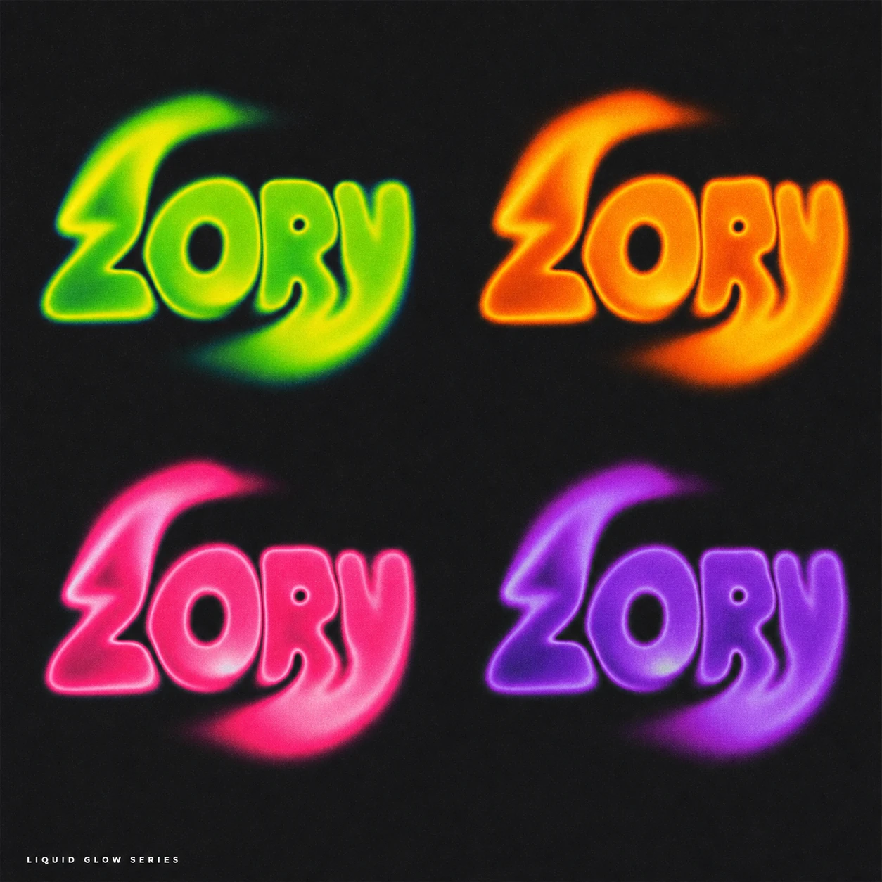 A four-up grid of the same chunky liquid-glow wordmark rendered in four neon colorways on a dark grainy background.