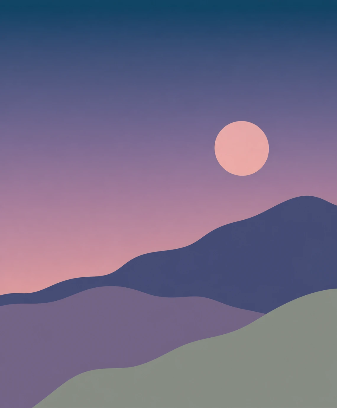 A minimalist flat-vector dusk landscape with layered rolling hills and a pale moon set against a gradient twilight sky.