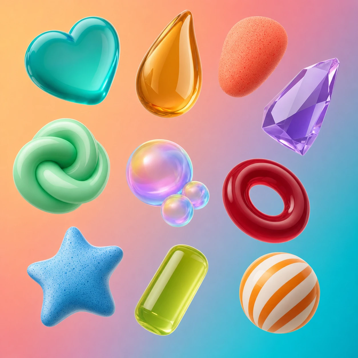 A grid of glossy, candy-like 3D rendered objects in varied shapes and materials floating against a soft gradient backdrop.