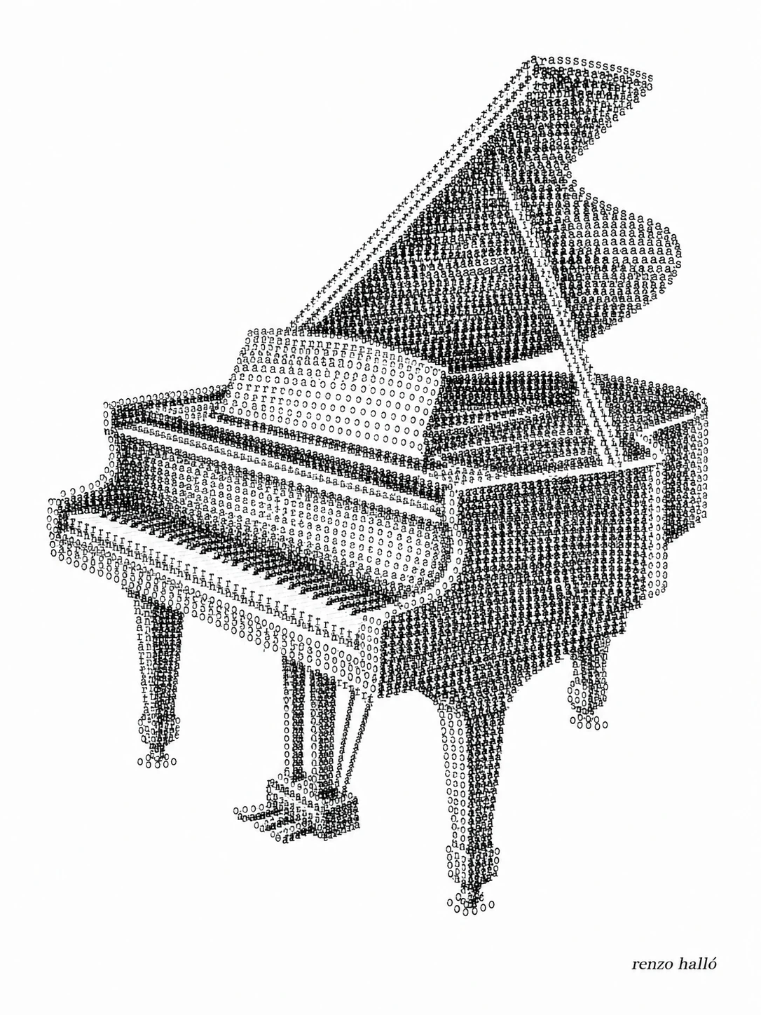 An ASCII-art-style rendering of a grand piano composed entirely of small typed letters and characters on a white background.