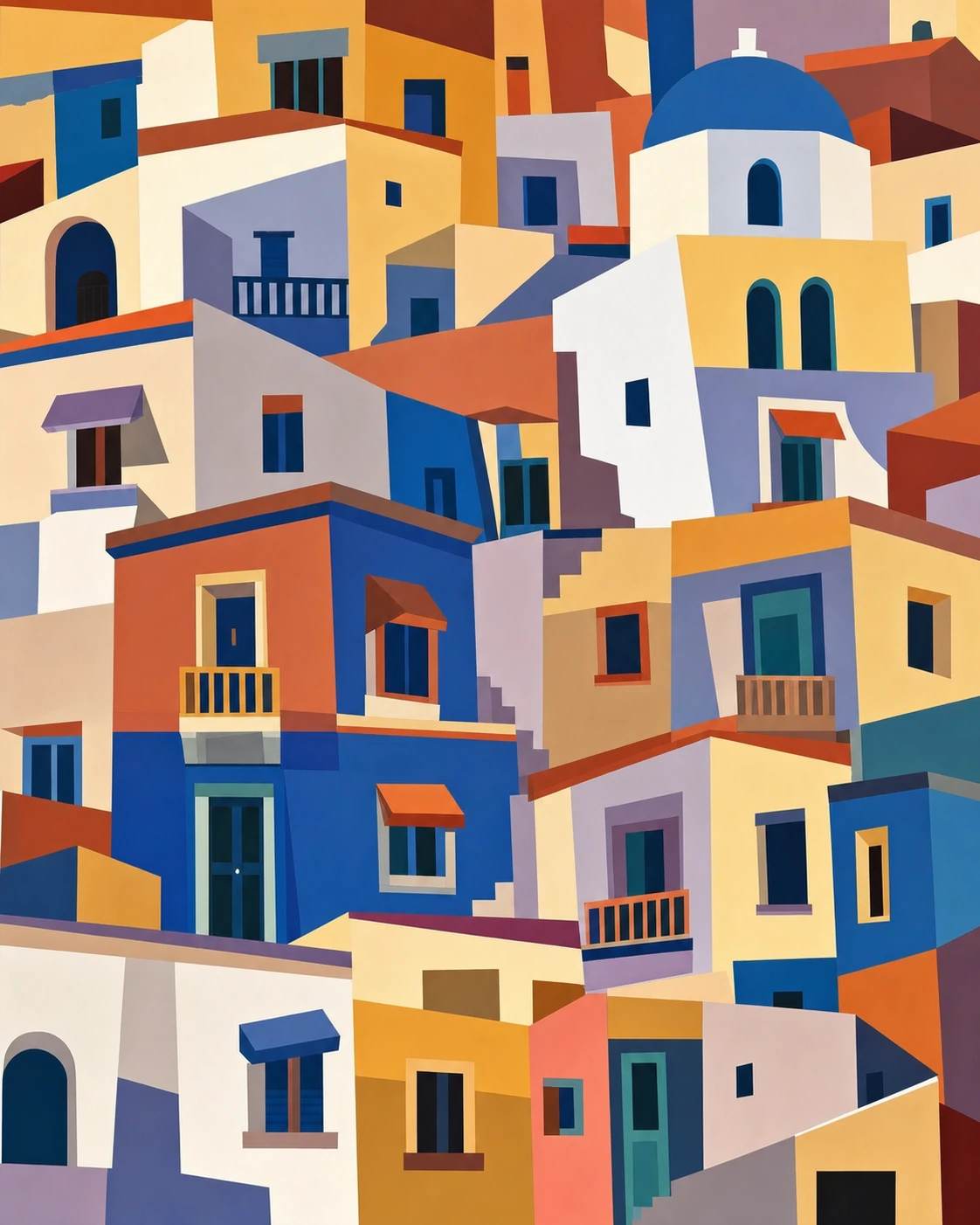 A densely stacked Mediterranean hillside village rendered as a bold, geometric flat-color painting of cubic houses, domes, and small windows.