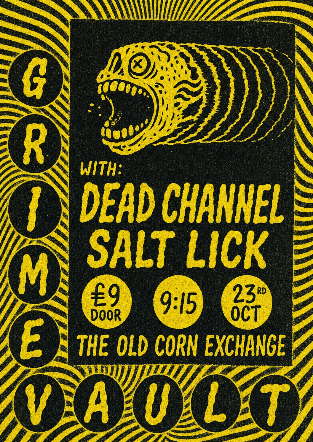 A gritty two-color punk gig poster featuring a screaming creature head with a hypnotic striped border and bold hand-drawn lettering.