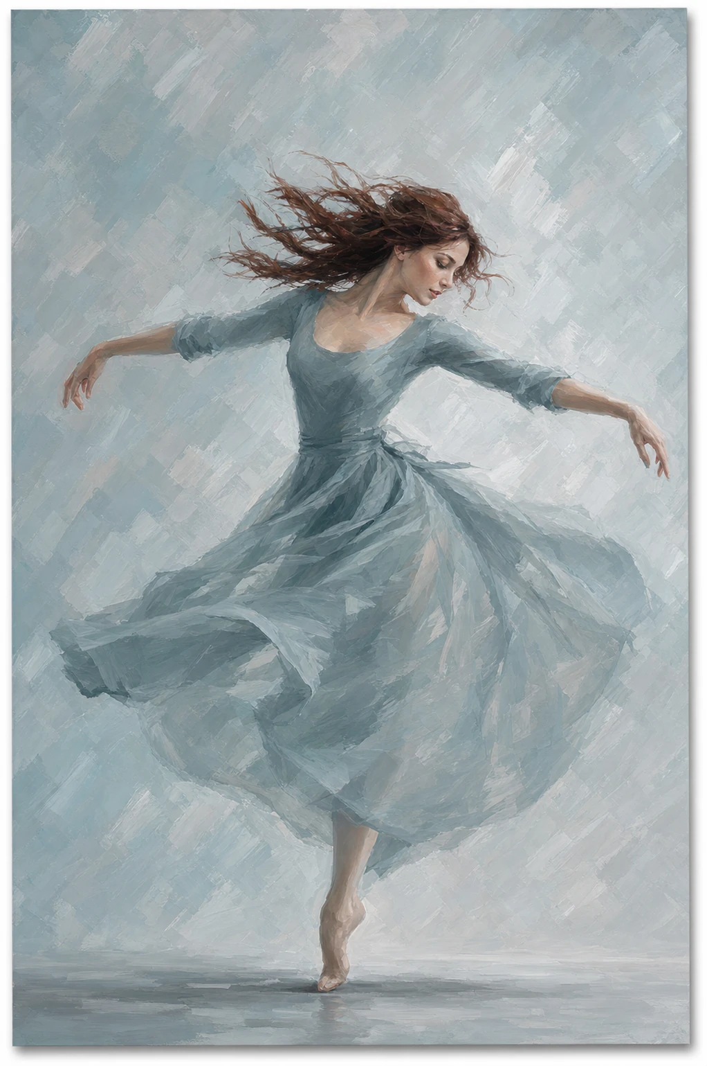 An impressionistic oil painting of a solitary dancer mid-movement in a flowing dress against a soft atmospheric backdrop.