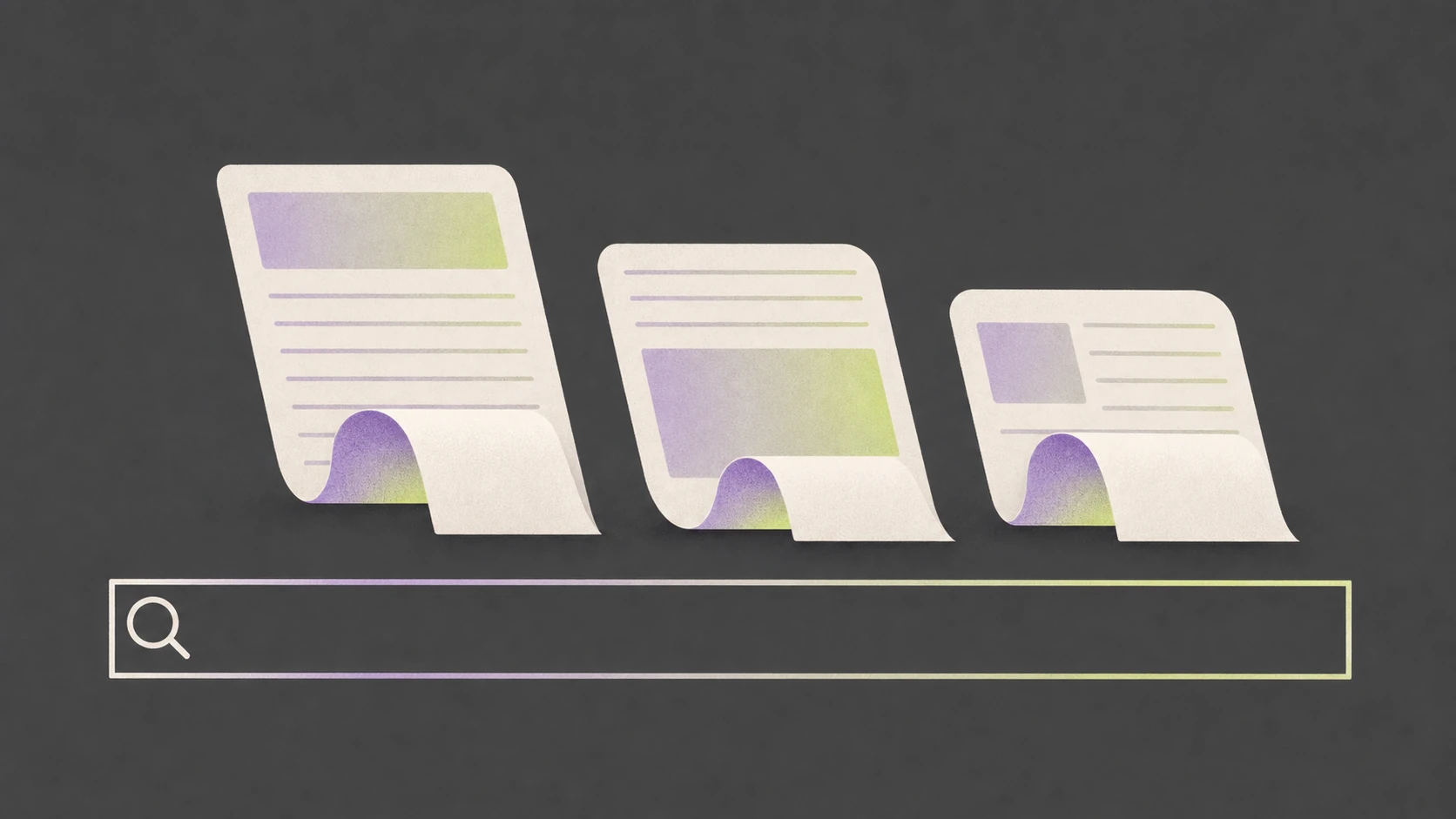 A textured editorial illustration of three curling paper documents arranged above a long search bar on a dark background.