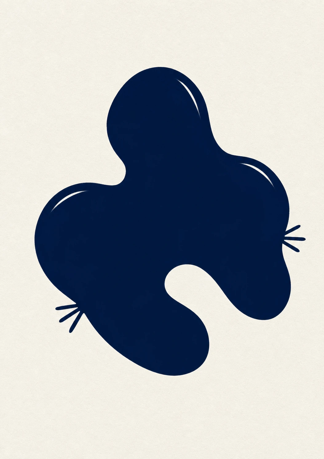 A minimalist abstract organic blob in deep navy on a warm cream paper background, accented with thin hand-drawn whisker-like lines.