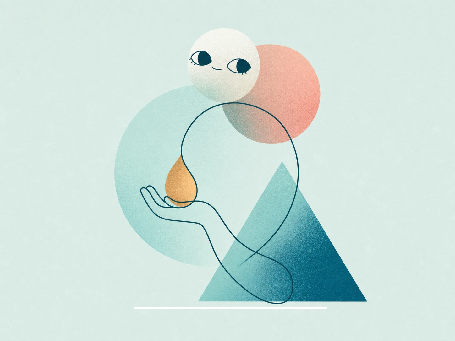 A whimsical, abstract editorial illustration combining a smiling moon-like face, geometric shapes, a continuous-line hand, and a glowing droplet.