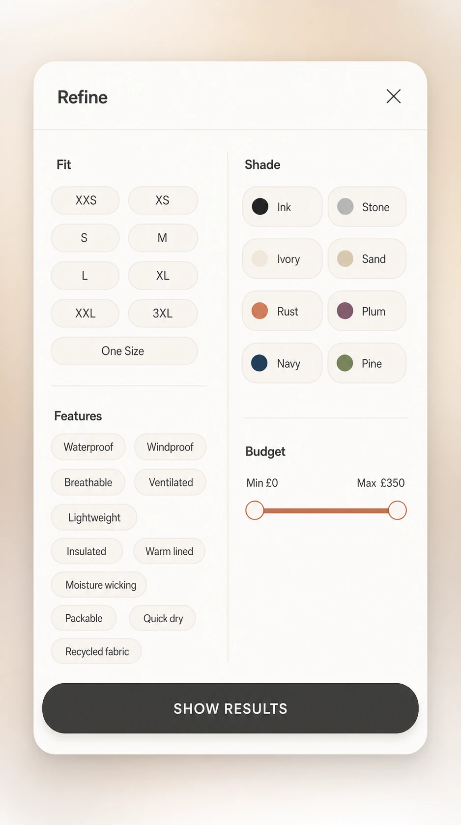 A mobile e-commerce filter/refine panel UI for an apparel shopping app, presented as a floating card on a warm gradient backdrop.