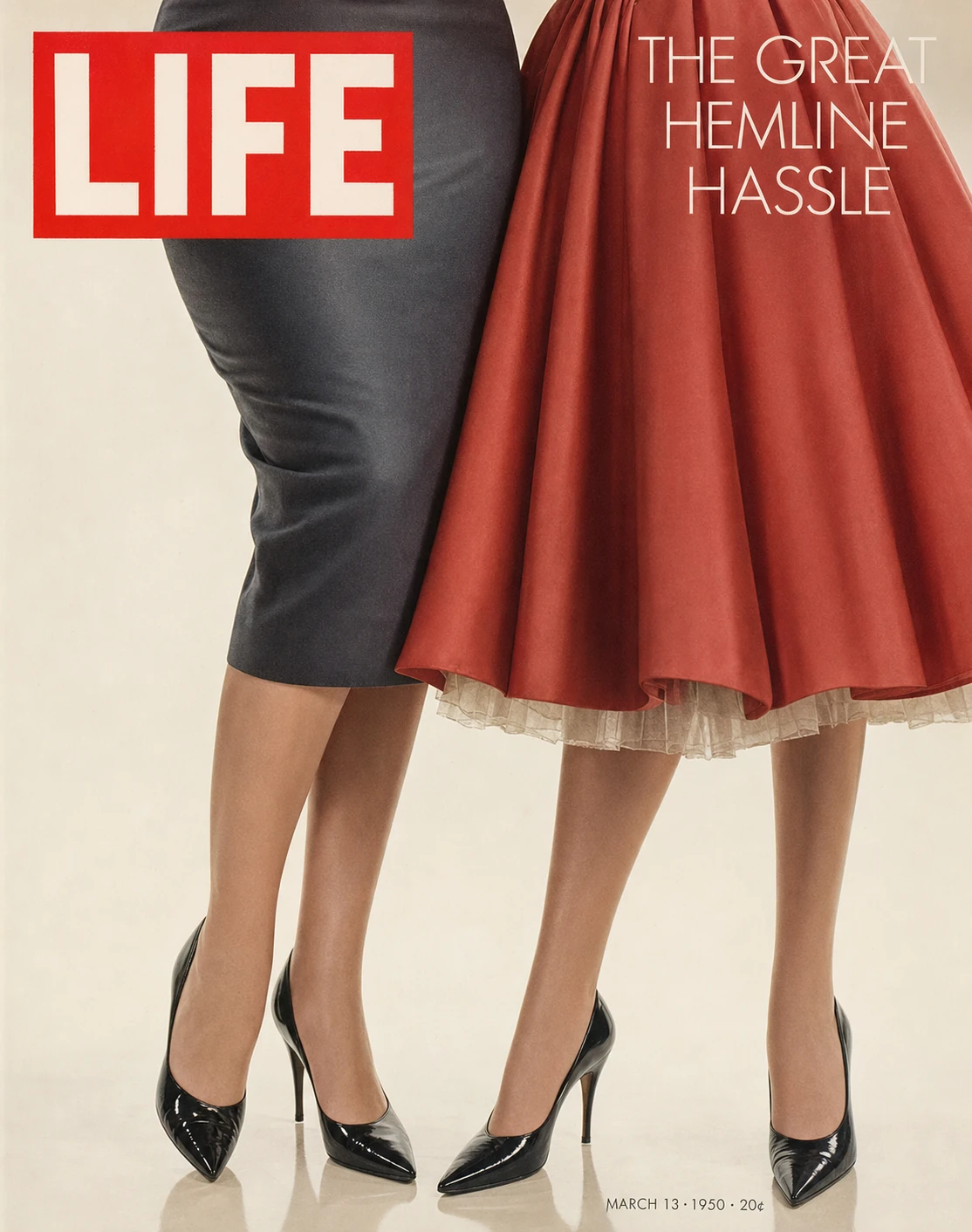 A retro fashion-magazine cover showing two women from the waist down, contrasting a sleek pencil skirt with a full circle skirt to dramatize differing hemline s