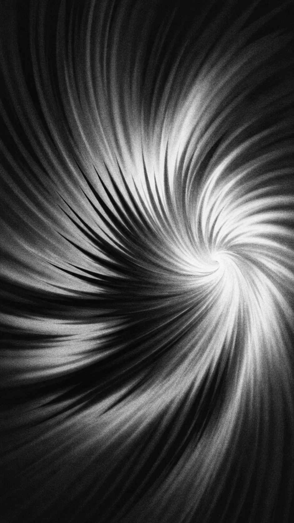 A monochrome abstract spiral vortex of radiating filaments converging into a glowing central twist.