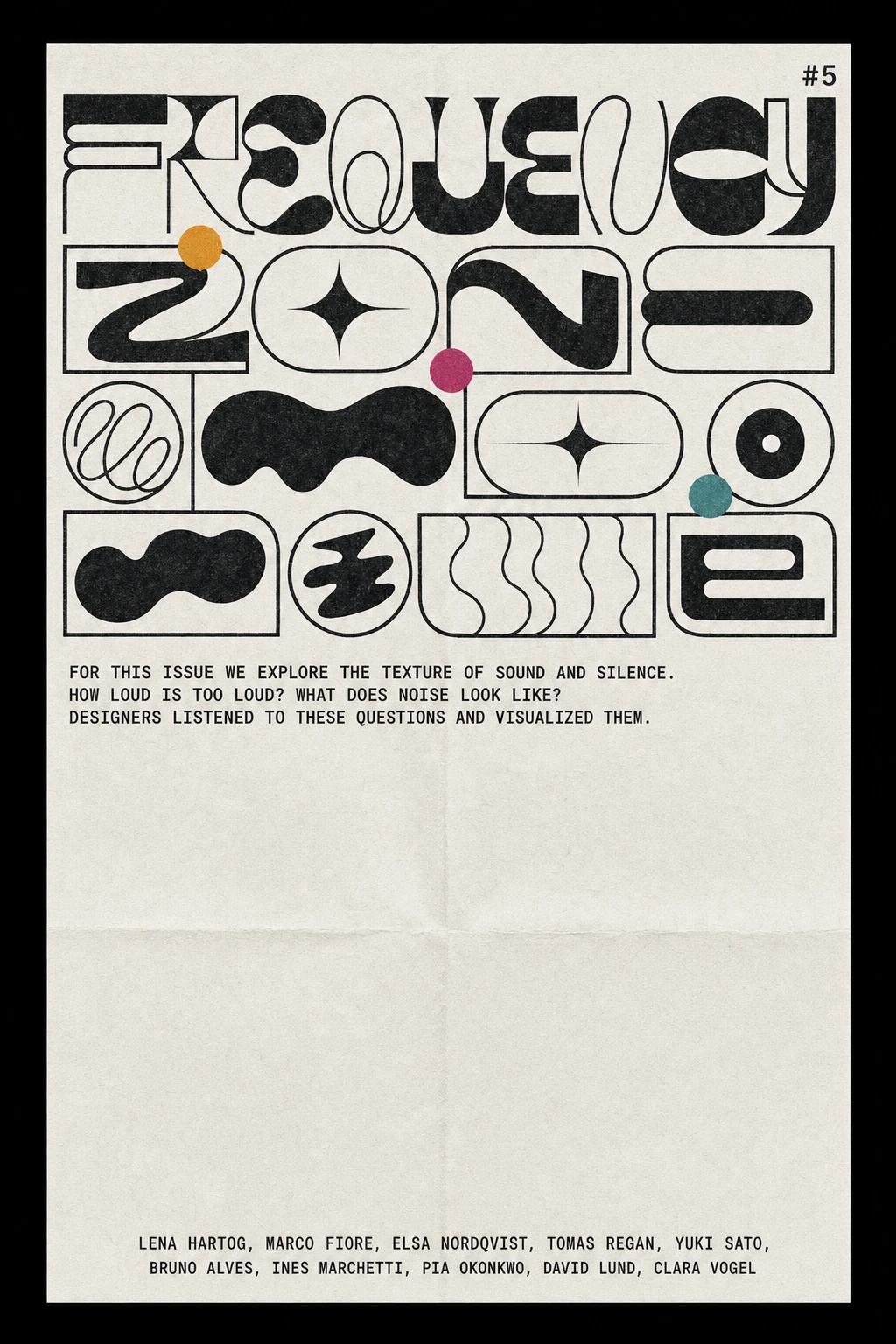 An experimental editorial poster featuring a large abstract typographic headline built from organic blob letterforms on an off-white paper ground.