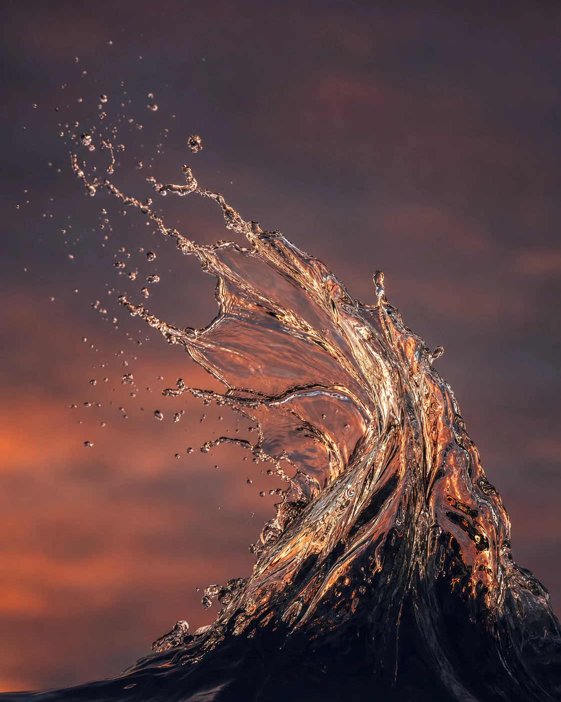 A high-speed photograph of a dramatic water splash frozen mid-air against a glowing twilight sky.